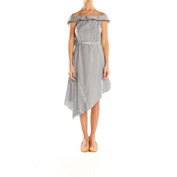 Intermix Gray Striped Off The Shoulder Asymmetrical Dress Size Medium - Picture 1 of 7